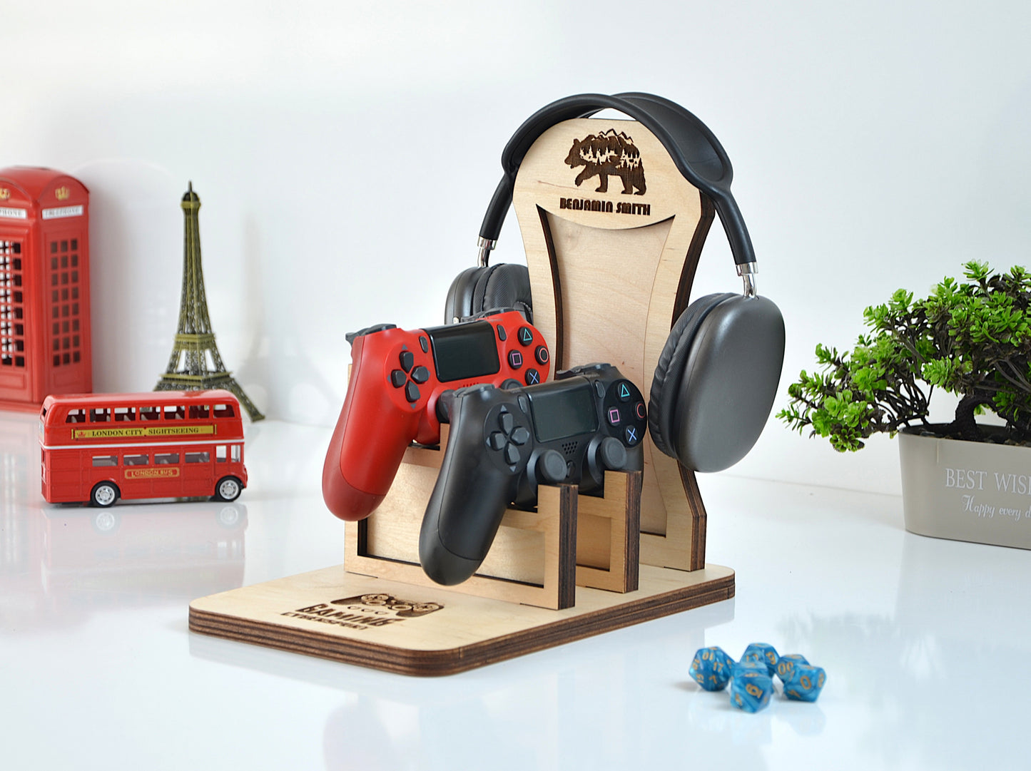 Kişiye Özel Ahşap Kulaklık ve Kumanda Standı - Oyuncu Aksesuar Düzenleyici - Gamer Hediye Seti
