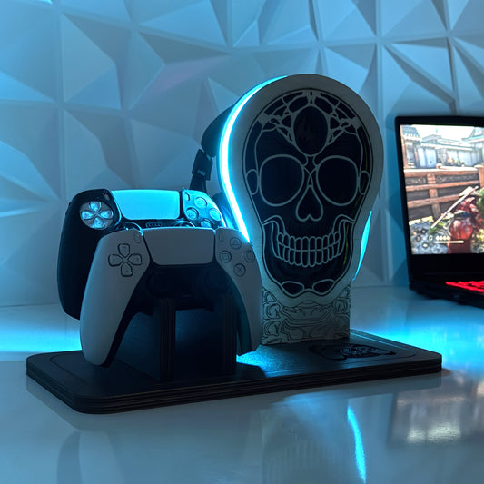 Kişiye Özel Ahşap RGB Kulaklık ve Kumanda Standı - Kuru Kafa Dekor Oyuncu Aksesuar Düzenleyici - Gamer Hediye Seti (Kopya)
