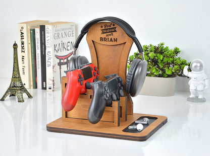 Kişiye Özel Ahşap Kulaklık ve Kumanda Standı - Oyuncu Aksesuar Düzenleyici - Ceviz Renk Huş Kontrplak Stand - Gamer Hediye Seti