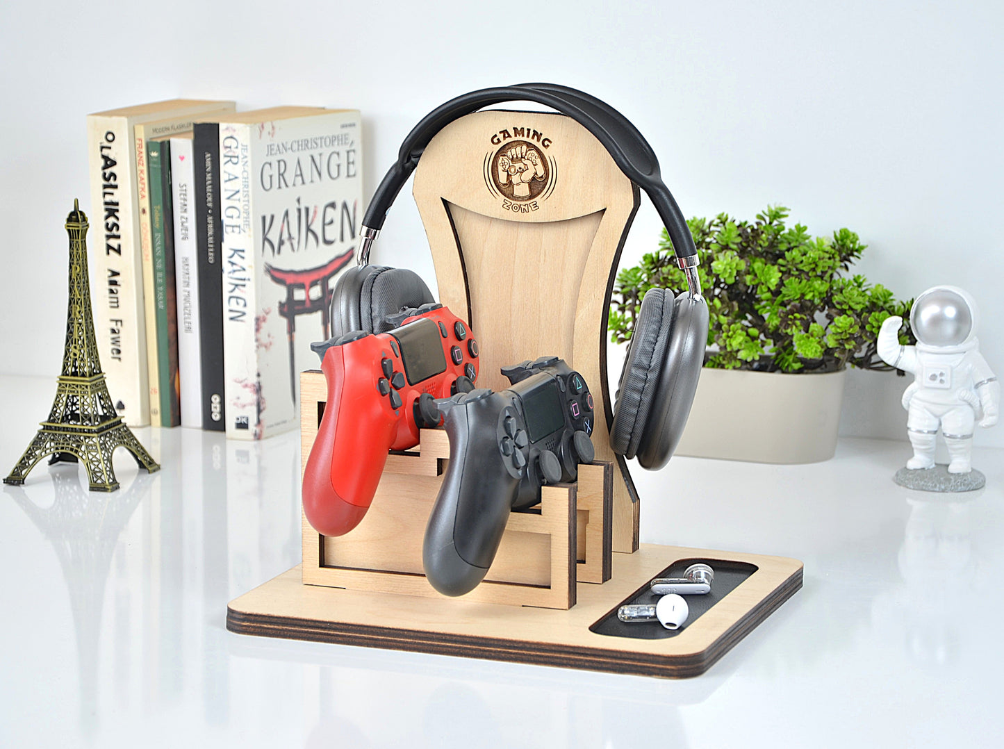 Kişiye Özel Ahşap Kulaklık ve Kumanda Standı - Oyuncu Aksesuar Düzenleyici - Ceviz Renk Huş Kontrplak Stand - Gamer Hediye Seti