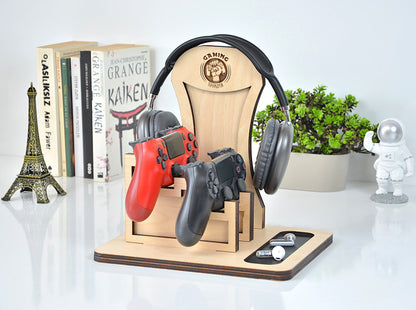 Kişiye Özel Ahşap Kulaklık ve Kumanda Standı - Oyuncu Aksesuar Düzenleyici - Ceviz Renk Huş Kontrplak Stand - Gamer Hediye Seti