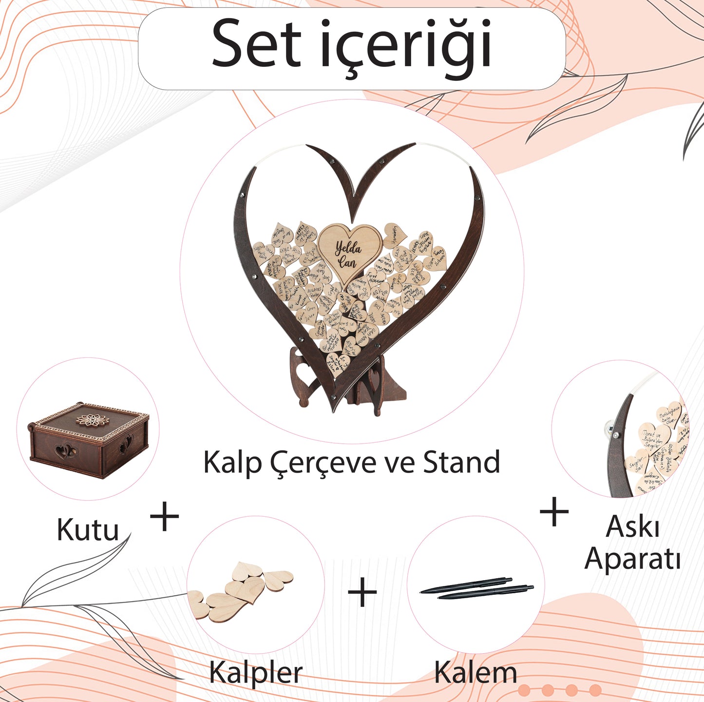 Kalp Tasarımlı Düğün Anı Seti: Büyük Boy Ahşap Çerçeve + Kişiselleştirilmiş Kalp Saklama Kutusu