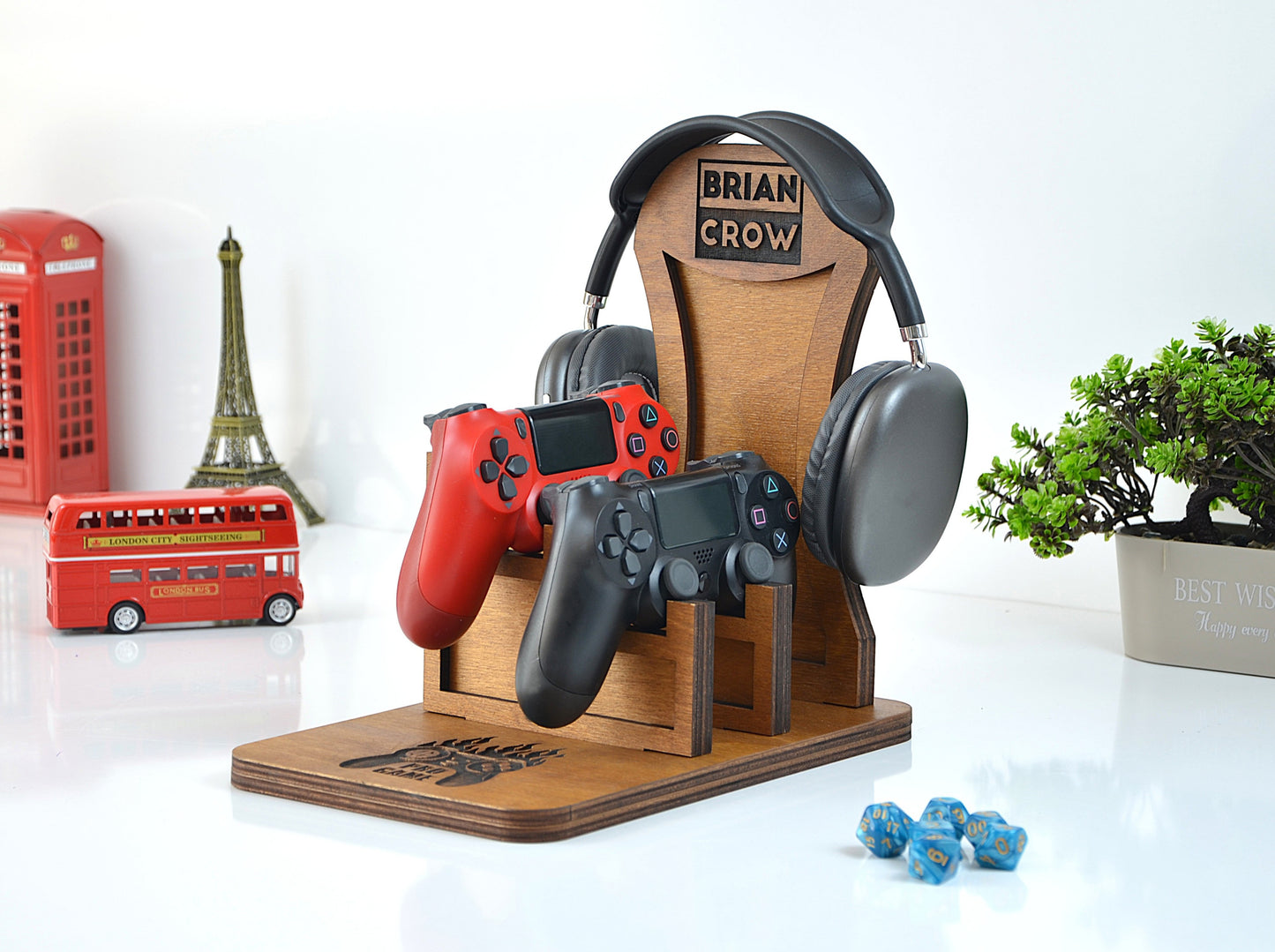 Kişiye Özel Ahşap Kulaklık ve Kumanda Standı - Oyuncu Aksesuar Düzenleyici - Gamer Hediye Seti