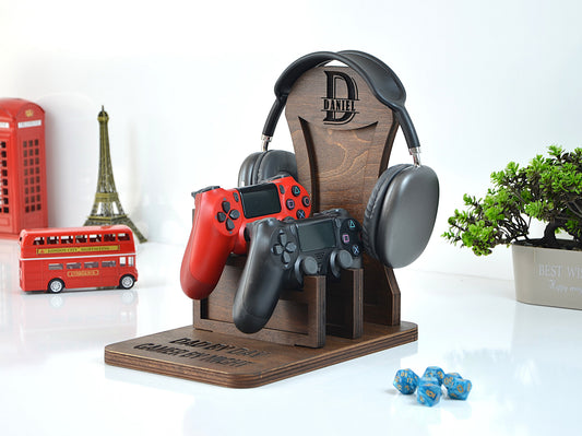 Kişiye Özel Ahşap Kulaklık ve Kumanda Standı - Oyuncu Aksesuar Düzenleyici - Gamer Hediye Seti