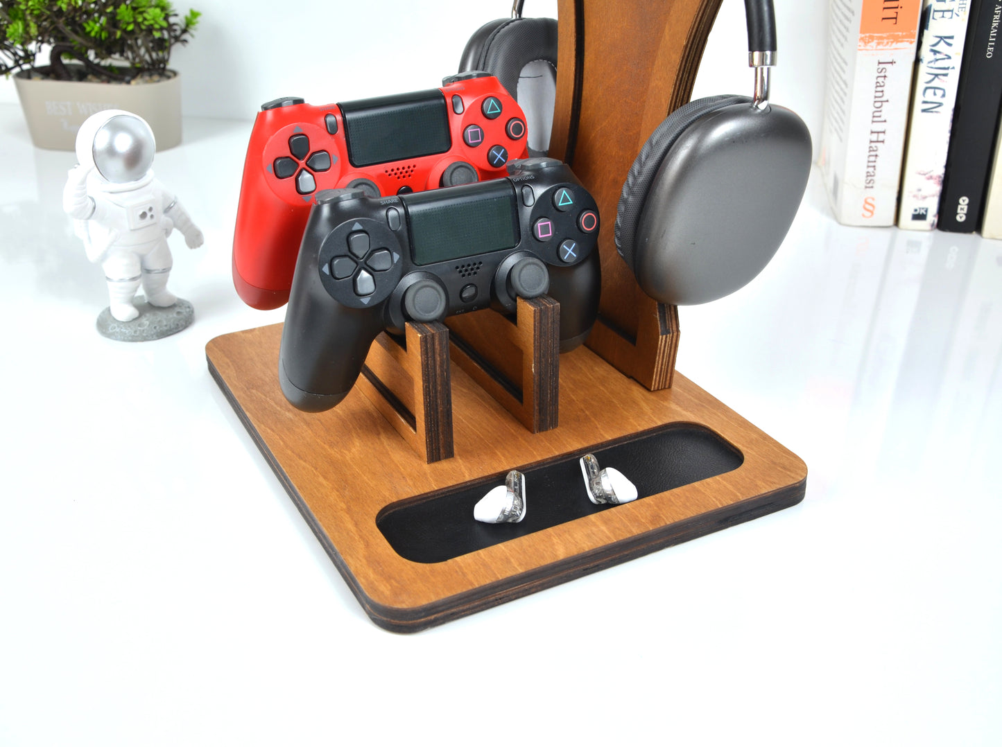 Kişiye Özel Ahşap Kulaklık ve Kumanda Standı - Oyuncu Aksesuar Düzenleyici - Ceviz Renk Huş Kontrplak Stand - Gamer Hediye Seti
