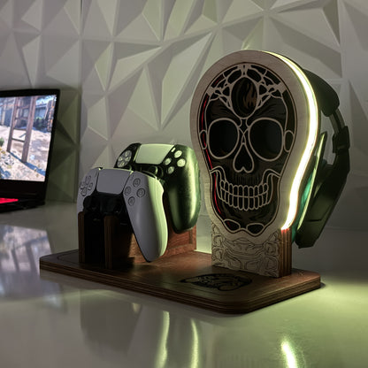 Kişiye Özel Ahşap RGB Kulaklık ve Kumanda Standı - Kuru Kafa Dekor Oyuncu Aksesuar Düzenleyici - Gamer Hediye Seti (Kopya)