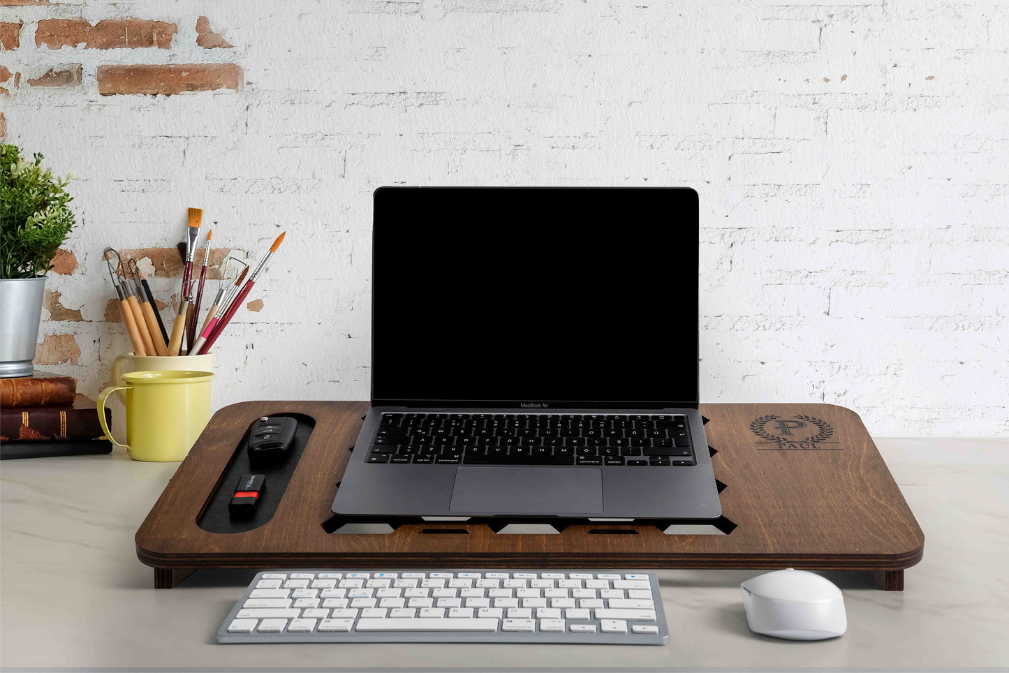 Ergonomik Ahşap Laptop Standı, Doğal Huş Kontrplak Masaüstü Stand, Ofis Aksesuarı